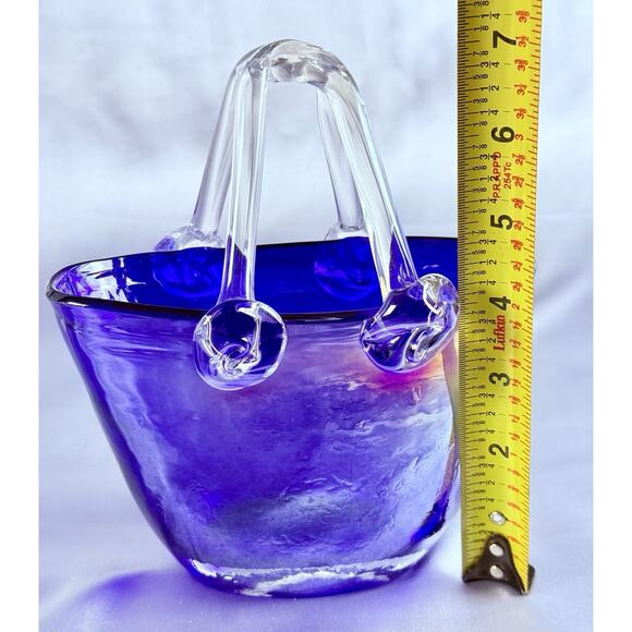 Vintage Art Glass Vase Purse Cobalt Blue Bag Murano Style Hand Blown Iridescent - Picture 8 of 9